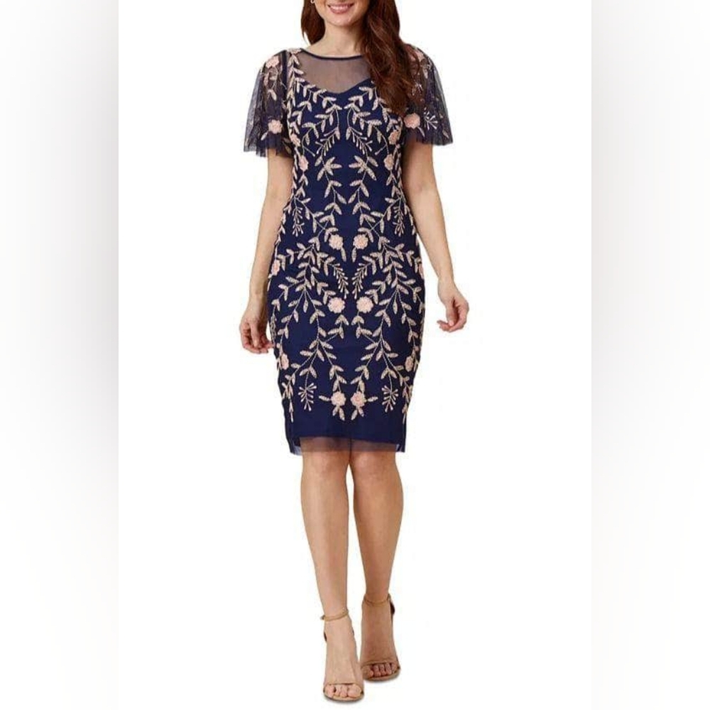 Adrianna Papell Navy & Blush Floral Sequin Embroidery Dress NWT - Picture 3 of 12